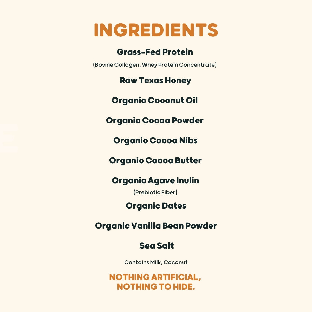 List of Brave Bar protein bar ingredients on a beige background with a focus on real, organic and natural ingredients.