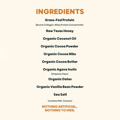 List of Brave Bar protein bar ingredients on a beige background with a focus on real, organic and natural ingredients.