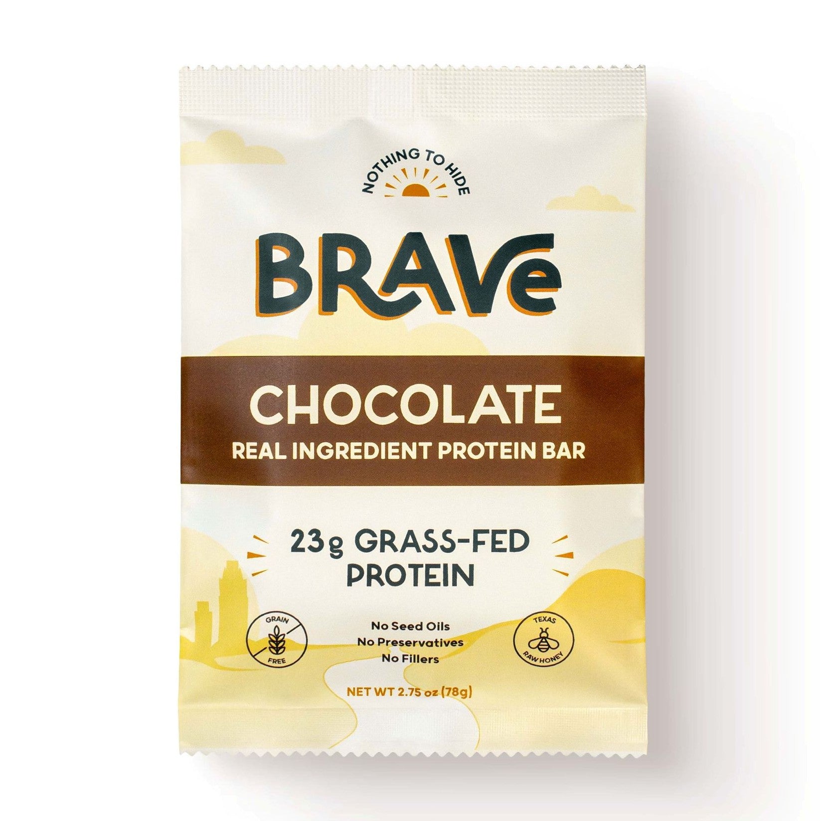 Brave chocolate protein bar packaging on a white background