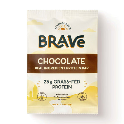 Brave chocolate protein bar packaging on a white background