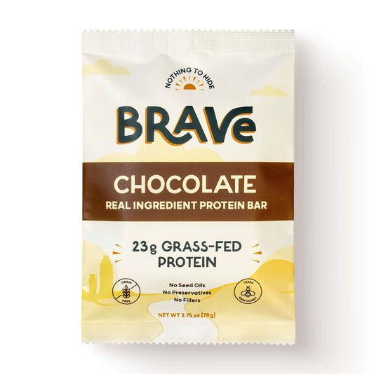 Brave chocolate protein bar packaging on a white background